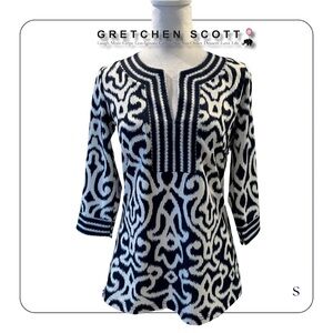 Gretchen Scott Jersey Split Neck Tunic Arabesque size S navy blue/white like new